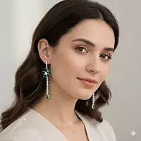 Emerald & Diamond Flower Drop Earrings - Long Dangle Statement Jewelry