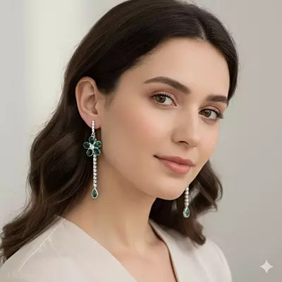 Emerald & Diamond Flower Drop Earrings - Long Dangle Statement Jewelry