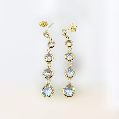 Dazzling Gold Dangle Drop Earrings - Bezel Cubic Zirconia Statement Jewelry