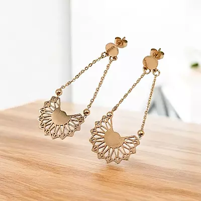 Elegant Gold Sunburst Dangle Earrings | Geometric Filigree Drop Chain