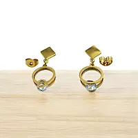 Modern Gold Stainless Steel Anti Tarnish Dangle Earrings with Sparkling Gem