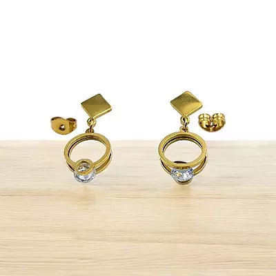 Modern Gold Stainless Steel Anti Tarnish Dangle Earrings with Sparkling Gem