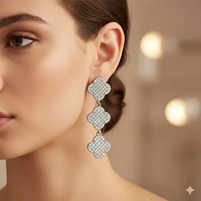 Sparkling Clover Dangle Earrings | Rhodium Plated CZ Drop Jewelry