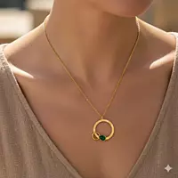 Anti-Tarnish Stainless Steel Gold Circle Pendant Necklace with Green Gemstone