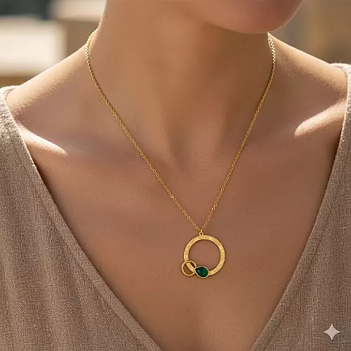 Anti-Tarnish Stainless Steel Gold Circle Pendant Necklace with Green Gemstone