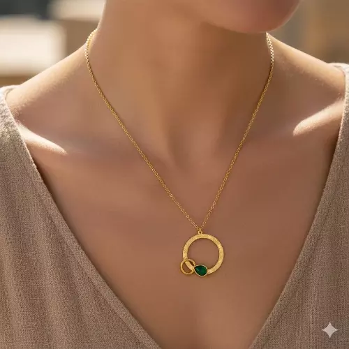 Anti-Tarnish Stainless Steel Gold Circle Pendant Necklace with Green Gemstone