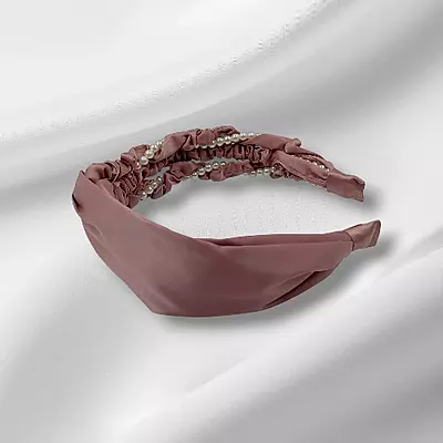 Chic Mauve Satin Pearl Accent Headband - Ruched Fabric Hair Accessory