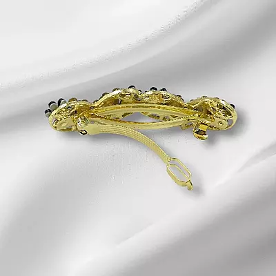 Gold Double Heart Floral Rhinestone Hair Barrette Clip