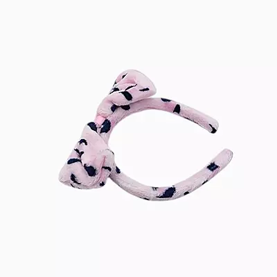 Pink Leopard Plush Bow Headband - Soft Spa Hair Band