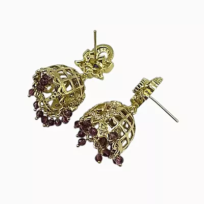 Gold-Plated CZ Jhumka Earrings with Purple Bead Droplets
