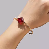 Red Square Stone & Diamond Studded Gold-Toned Bangle Bracelet | Adjustable Fashion Jewelry