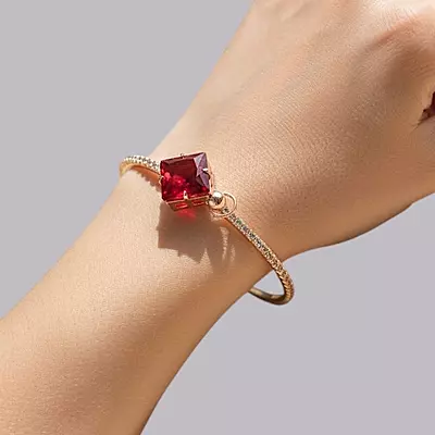Red Square Stone & Diamond Studded Gold-Toned Bangle Bracelet | Adjustable Fashion Jewelry