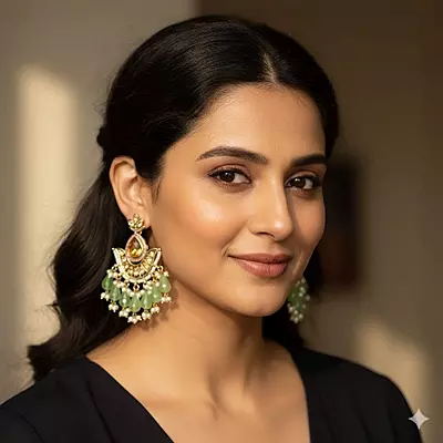 Ethnic Kundan & Bead Chandelier Earrings | Olive Green Drops | Traditional Jhumka Style