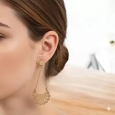 Elegant Gold Sunburst Dangle Earrings | Geometric Filigree Drop Chain