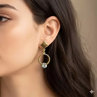 Modern Gold Stainless Steel Anti Tarnish Dangle Earrings with Sparkling Gem