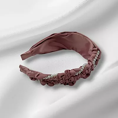 Chic Mauve Satin Pearl Accent Headband - Ruched Fabric Hair Accessory