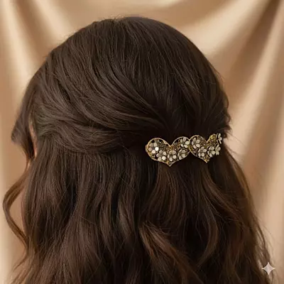 Gold Double Heart Floral Rhinestone Hair Barrette Clip