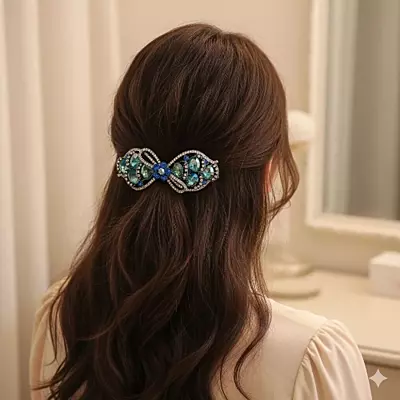 Teal & Blue Crystal Bow Hair Barrette - Elegant Gemstone Hair Clip