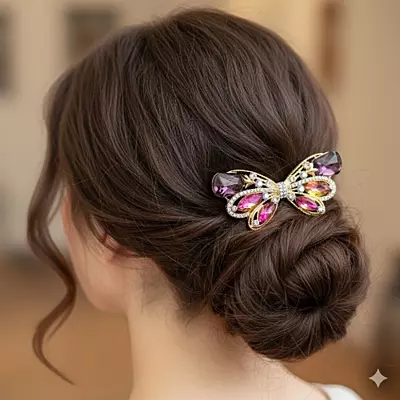 Gold Multi-Color Crystal Butterfly Hair Barrette Clip
