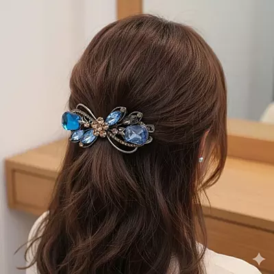 Elegant Blue Crystal Barrette - Gunmetal Butterfly Hair Clip