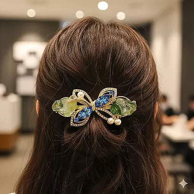 Elegant Dragonfly Barrette: Blue Crystal & Green Gemstone Hair Clip