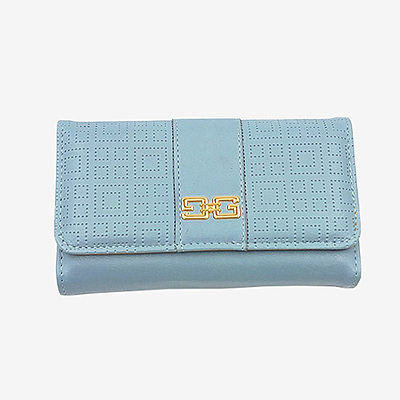 Dusty Blue Patterned Trifold Wallet with Tan Interior