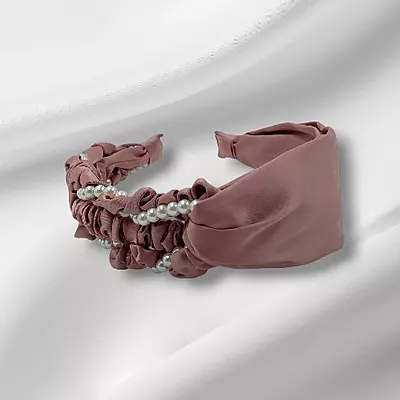 Chic Mauve Satin Pearl Accent Headband - Ruched Fabric Hair Accessory
