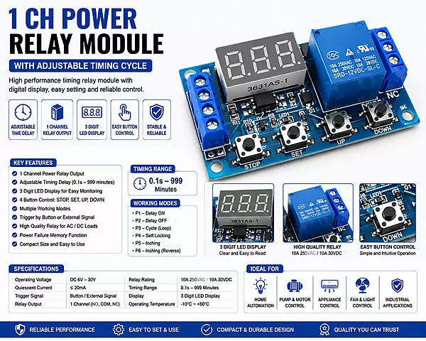 1 Ch Power Relay Module With Adjustable Timing Cycle