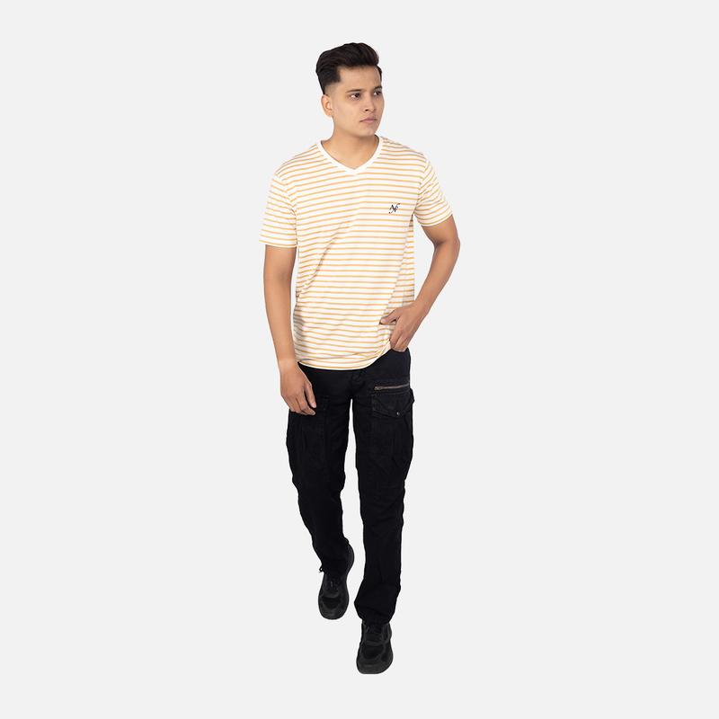 Men Mustard Stripe V - Neck T-shirt
