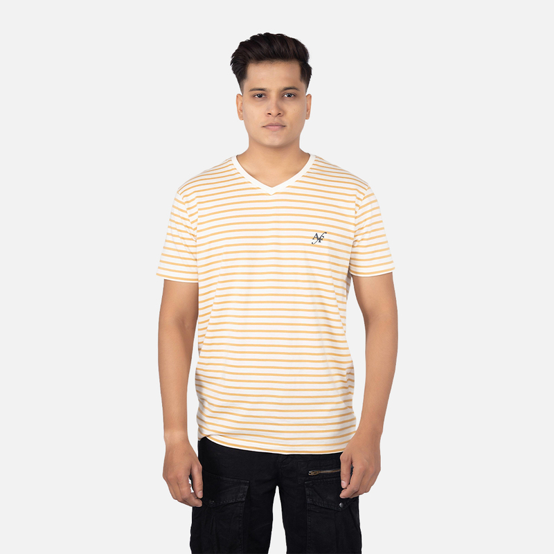 Men Mustard Stripe V - Neck T-shirt