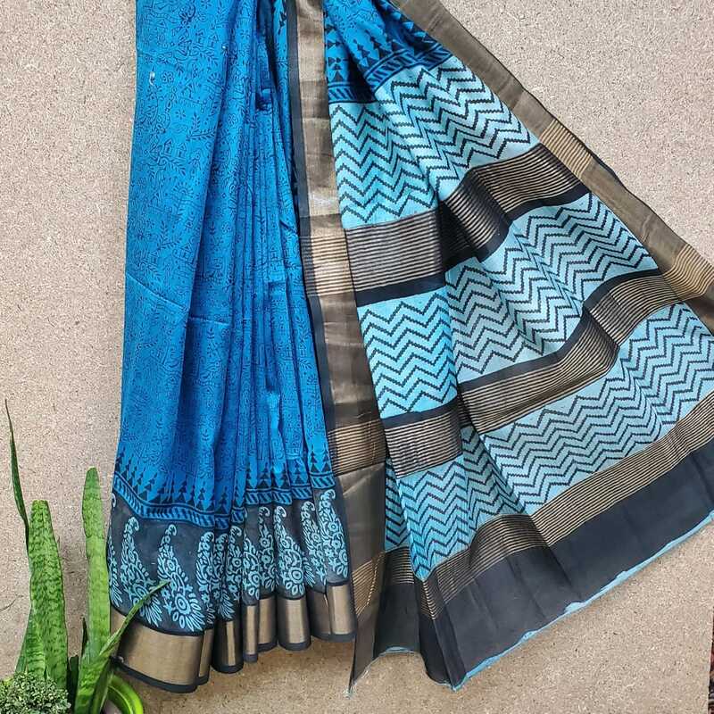 Silk Cotton Zari Border Block Print Saree #3