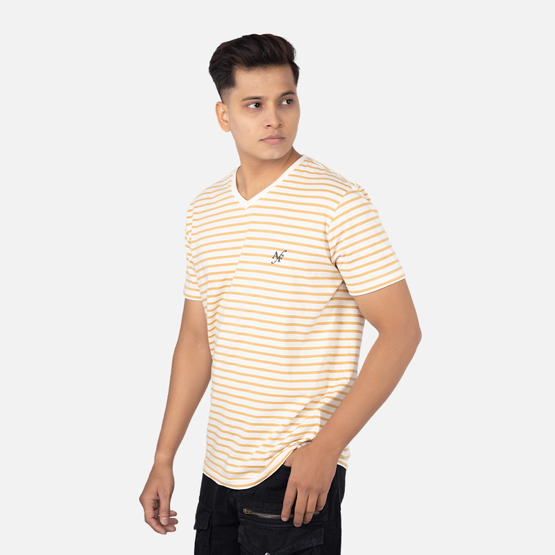 Men Mustard Stripe V - Neck T-shirt