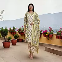Cotton Salwar Suit Set, Floral Print, Yellow and Green, V-Neck Kurta with Dupatta