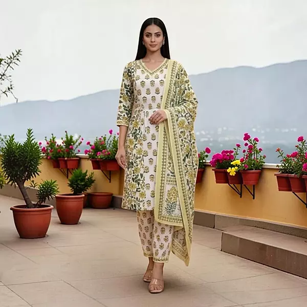 Cotton Salwar Suit Set, Floral Print, Yellow and Green, V-Neck Kurta with Dupatta
