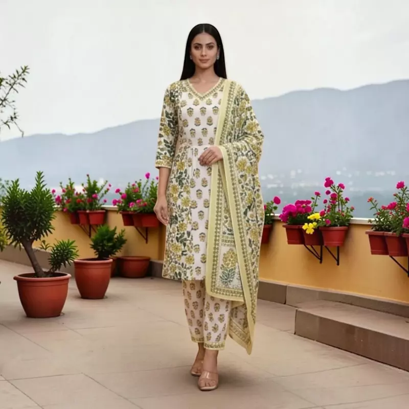 Cotton Salwar Suit Set, Floral Print, Yellow and Green, V-Neck Kurta with Dupatta