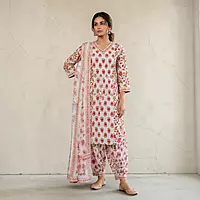 Cotton Salwar Suit Set with Floral Print and Dupatta | 3-Piece Set, Patiyala Style