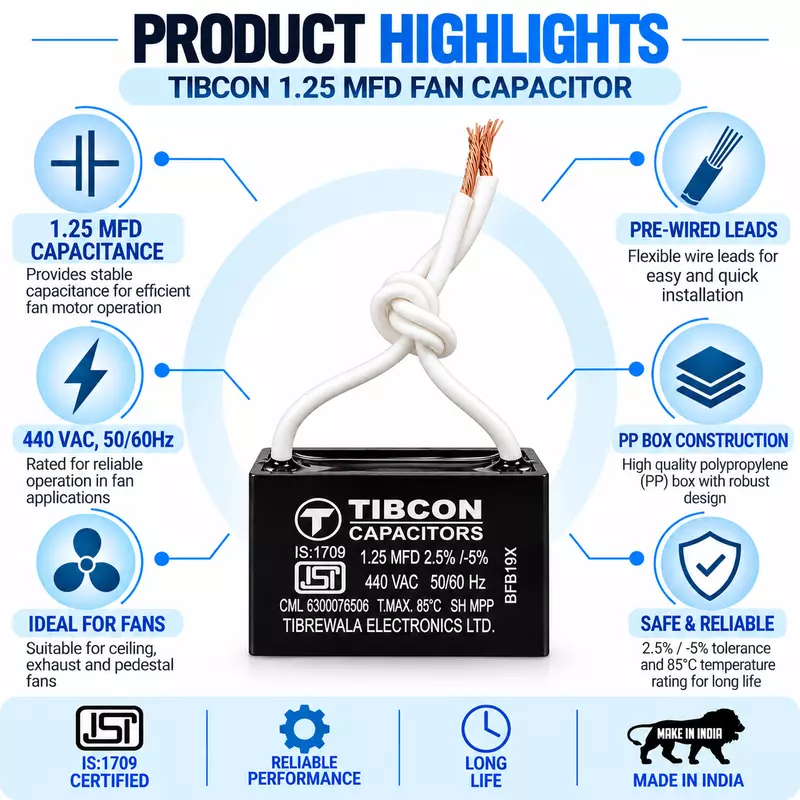Tibcon 1.25 MFD Fan Capacitor | 440V | Box Type | Dry