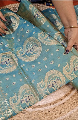 All over work sea green mustard dual tone Swarnachari with golden colour zari