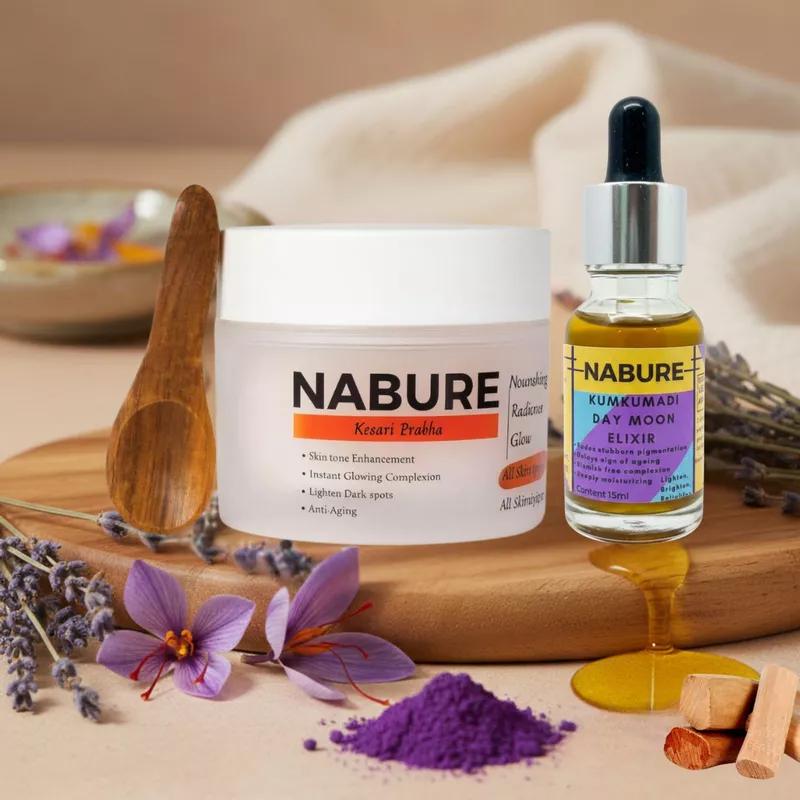 NABURE Kumkumadi Glow Ritual Combo – Kesari Prabha Face Pack & Kumkumadi Day Moon Elixir