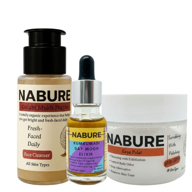 NABURE Natural Glow Combo – Face Cleanser, Body Ubtan & Kumkumadi Elixir