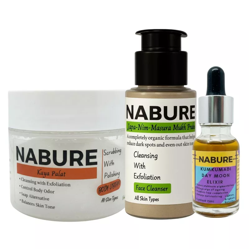 NABURE Herbal Glow Combo – Face Cleanser, Body Ubtan & Kumkumadi Elixir