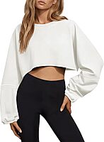 Womens Cotton Long Ballon Sleeve Tank Tops | Cropped Crew Neck Loose Fit Casual Workout Shirts | Boxy Fit Full Sleeve Crop Top for Girls/Teens