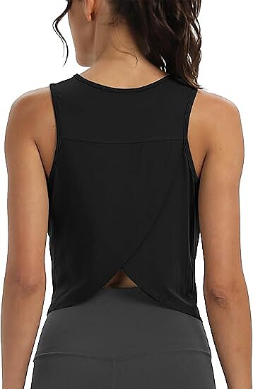 Workout Tops for Women Cropped Open Back Sleeveless Tank Tops Athletic Gym Yoga Shirts Loose Fit Black