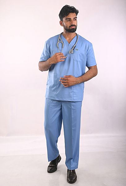 Ksvi Antibacterial Male V-Neck Scrub Shirt Pant (Ceil Blue ) 