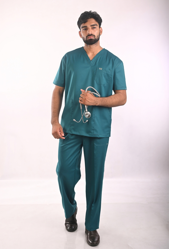 Ksvi Antibacterial Male V-Neck 2 Way Strech Scrub Shirt Pant (Emrald Green) 