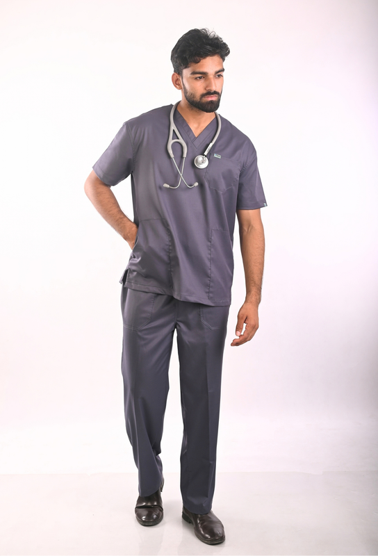 Ksvi Antibacterial Male V-Neck 2 Way Strech Scrub Shirt Pant (Grey)