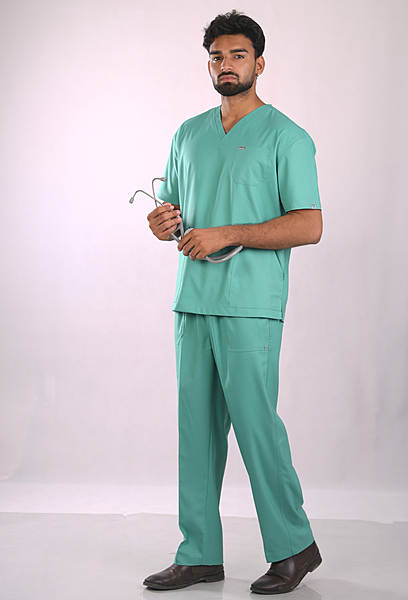 Ksvi Antibacterial Male V-Neck 2 Way Strech Scrub Shirt Pant (Sea Green)