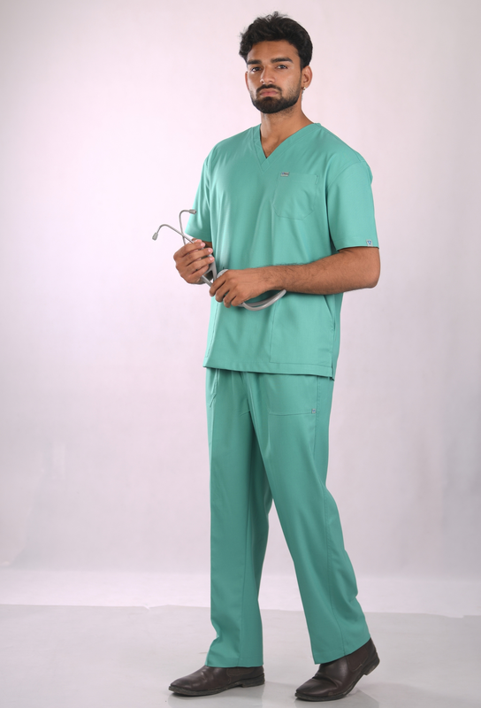 Ksvi Antibacterial Male V-Neck 2 Way Strech Scrub Shirt Pant (Sea Green)