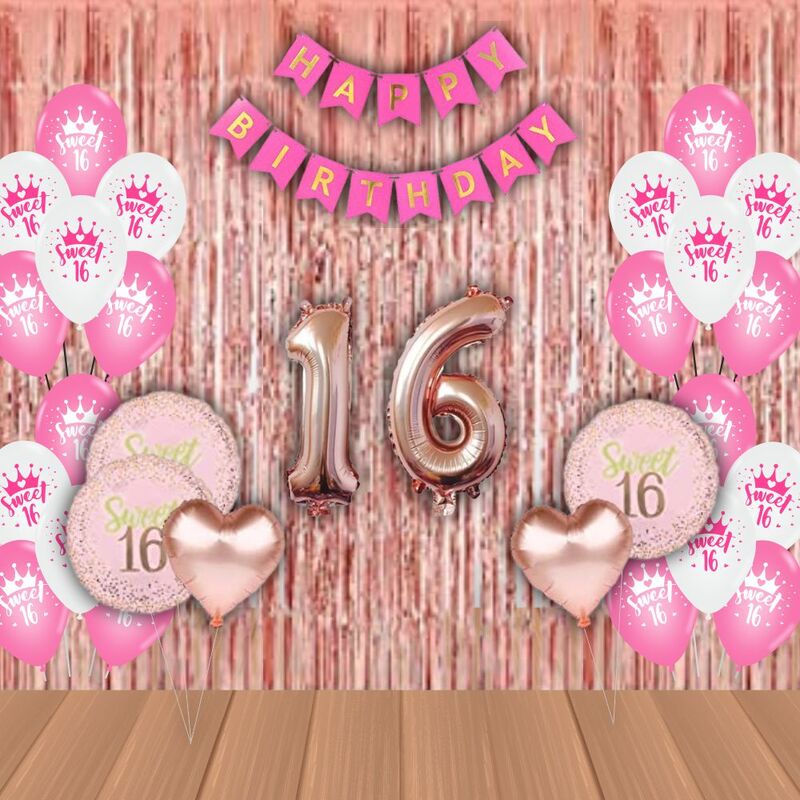 The Magic Balloons-Sweet 16 Balloons combo with printed balloons 30 Sweet 16 printed balloons 5 foils set 16 rose gold foil 2 curtain 1 banner Birthday Decoration/Party Supplies-Pack of 39 pcs