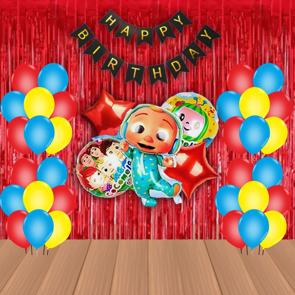 The Magic Balloons Store – Cocomelon Birthday Party Decoration combo kits – Cocomelon Birthday Combo Pack of 38 Pcs, foil 5 pcs Set,1 Happy Birthday banner, 2 Foil Curtains,30 Balloons-181548